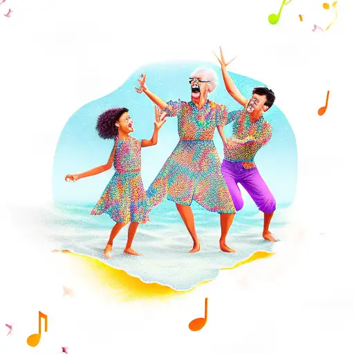A Grandma Joyfully Dancing With Her Grandchildren On A Tropical Island