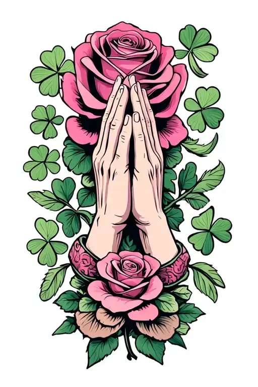 Praying Hands With Rose And Clover Leaf