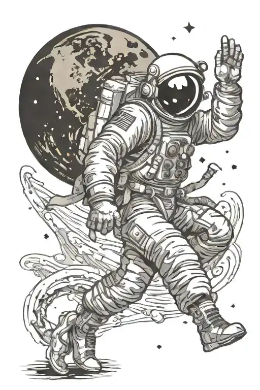 Cosmonaut Samurai Rolling On The Background Of The Moon And The Earth In The Reflection