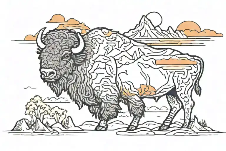 Buffalo Outline With Mountains And A Sunset Inside The Outline