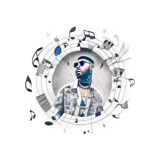 A New-school Tattoo Of A Fashionable Rapper Surrounded By Music Notes