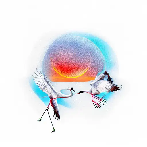 2 Cranes Flying With Red Sun