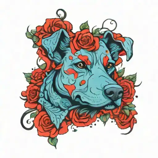 Dog Head Surrounded By Small Roses Blooming