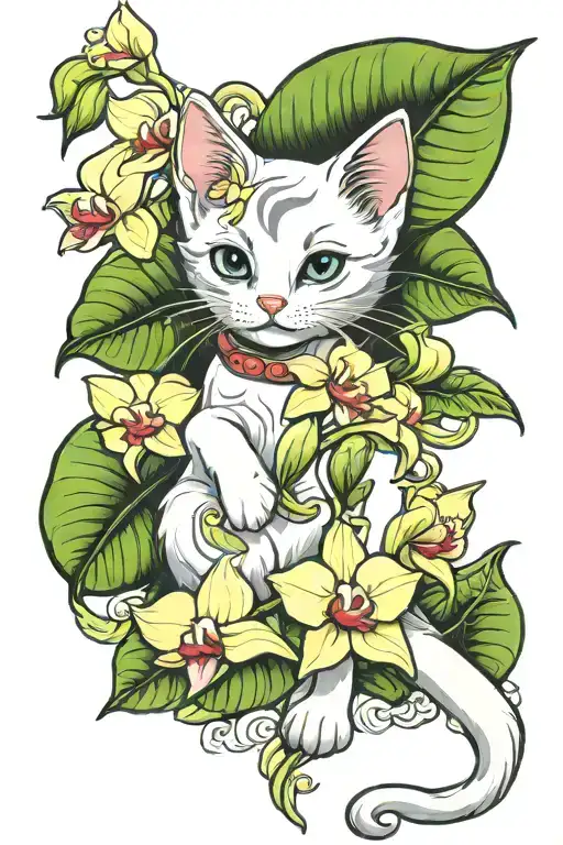 White Kitten And Orchid Flowers
