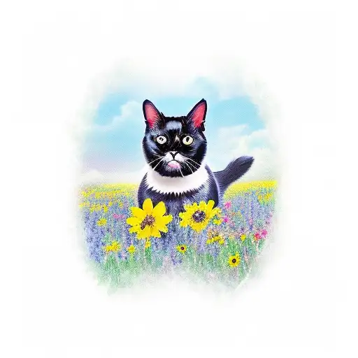 British Black Cat In Flower Field