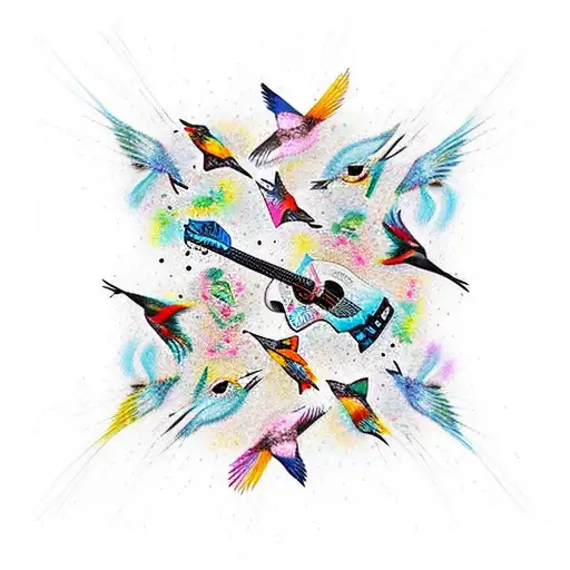 A New-school Design Of A Guitar Transforming Into A Flock Of Birds