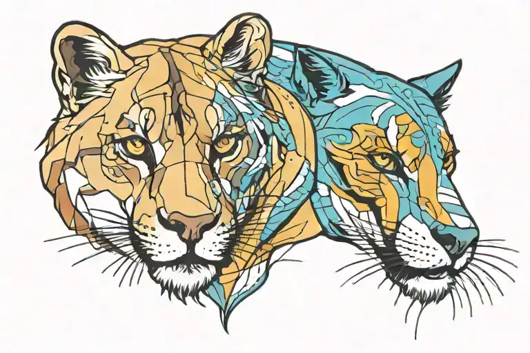 Colorful Mountain Lion And Wolf Nose-to-nose