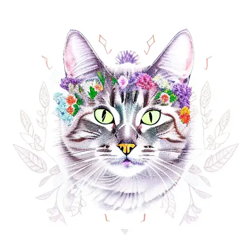 A Mystical Cat Surrounded By Vibrant Flowers And Leaves