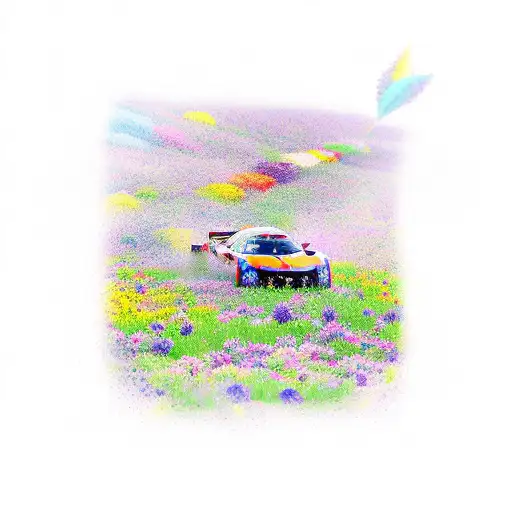A Racing Car Speeding Through A Field Of Colorful Flowers