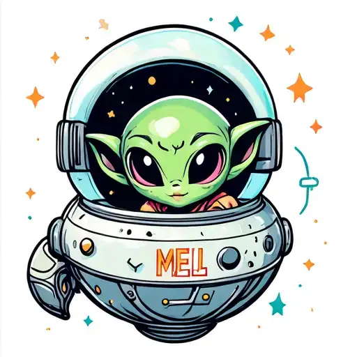 Tattoo Of A Super Cute Baby Girl Alien In A Spaceship With Mel Written On Panels