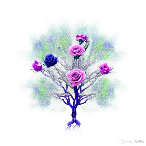 Weaping Willow Tree With Blue And Purple Roses Intertwined In The Trunk And Roots