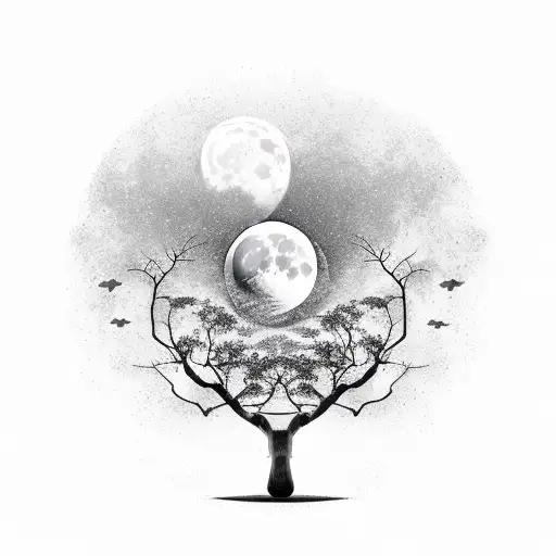 Black Full Moon With Tree And Condor Encircling It