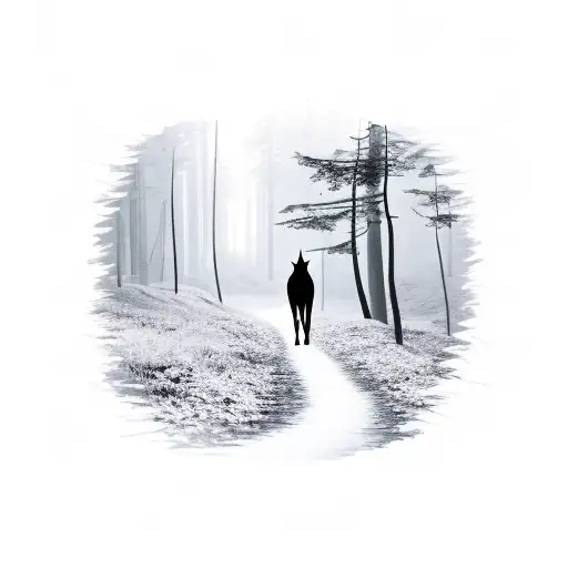 A Serene Landscape Of A Forest Trail With A Silhouette Of A Dog Walking Alongside