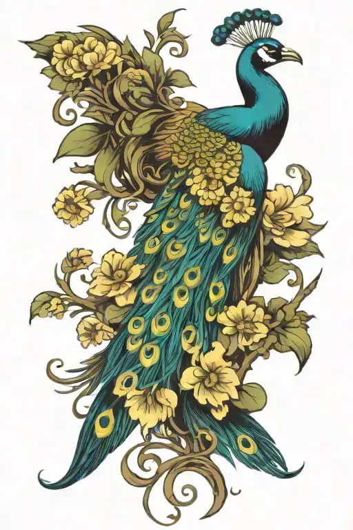 Peacock At The Top Crow At The Bottom With Flowers Around It
