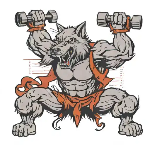 A New-school Design Of A Wolf Lifting Weights In A Gym