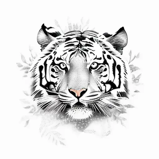 A Minimalist Tattoo Of A Tiger Surrounded By Nature Elements Like Trees And Flowers