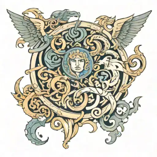 A Fusion Of Nordic And Greek Mythology Symbols In A Sleeve