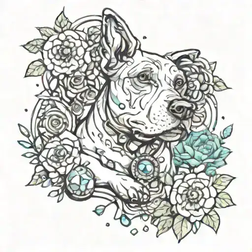 A New-school Style Design Of A Dog Digging Up Gemstones While Surrounded By Vibrant Flowers