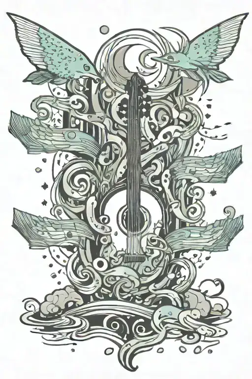 A Cosmic Ocean Scene With Money Floating In The Water And Music Notes In The Sky