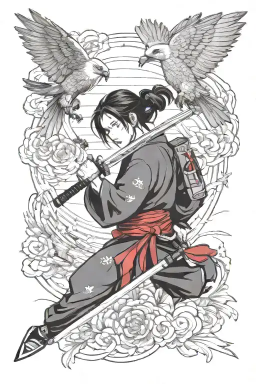 Japanese Girl With Katana Surrounded By Falcon Spreading Wings And A Boy Below