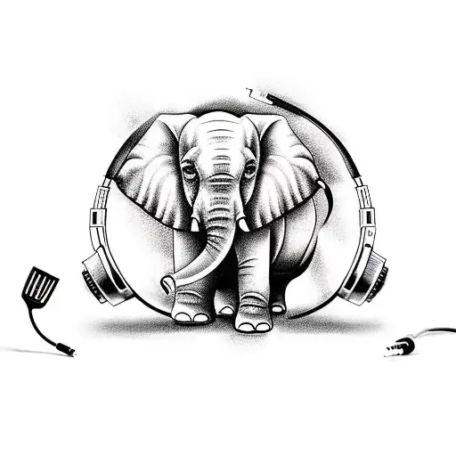A New-school Style Tattoo Of An Elephant Wearing Headphones And Holding A Cooking Utensil