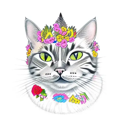A Traditional Tattoo Design Of A Cat Wearing A Floral Crown