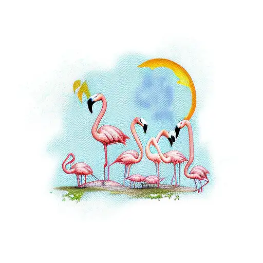 Flamingo Family Nest With Two Baby Flamingos And Two Adult