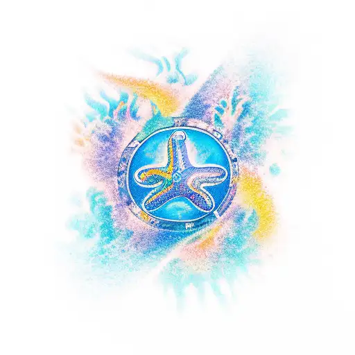 A Beautiful Blue Tattoo Of A Serene Ocean Scene With The Text 'Qmed'