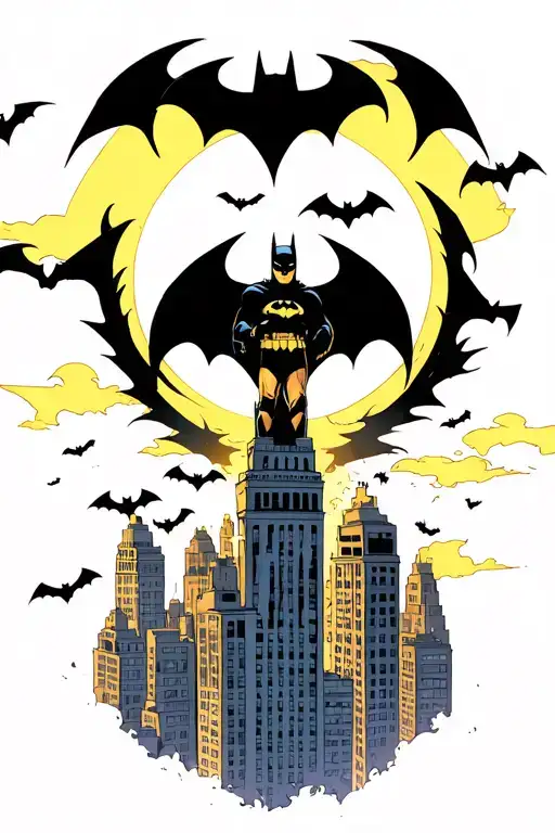 Batman Signal In Sky Surrounded By Bats Above City