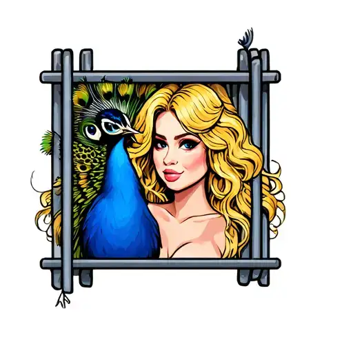 Cartoon Feminine Blonde Peacock Behind Jail Bars