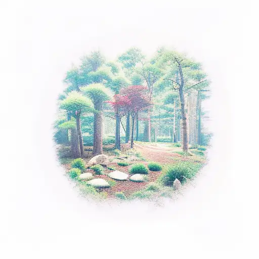 A Serene Forest Scene With Musical Instruments Hidden Among The Trees