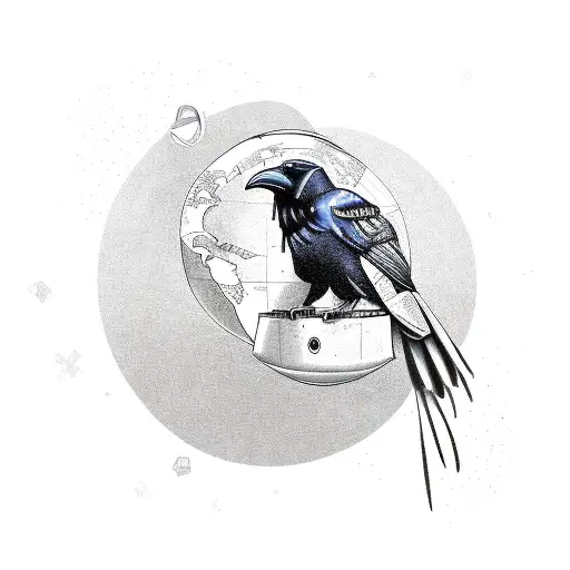 A Futuristic New-school Tattoo Of A Raven With A Globe And A Pocketwatch