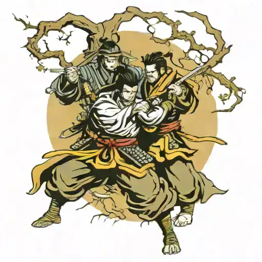 Two Samurai Under The Old Tree Fighting Dark Figuers