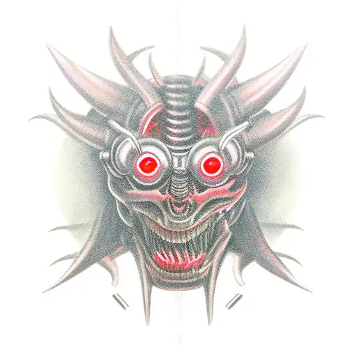 A Car Engine Transformed Into A Mechanical Demon With Glowing Red Eyes
