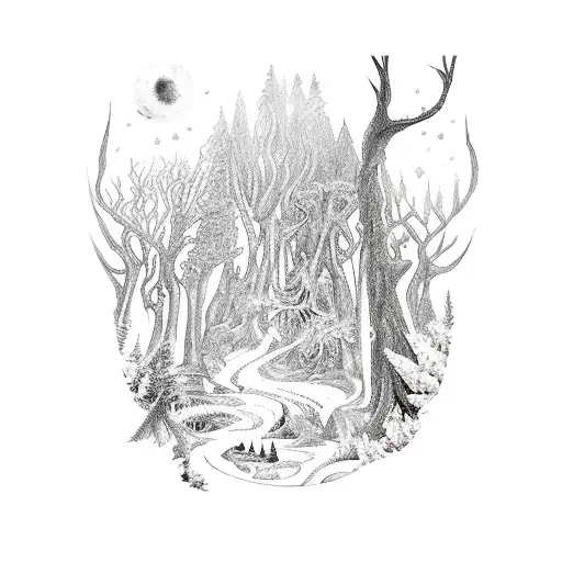 A Mystical Forest Scene With Mythical Creatures Inspired By Medieval Mythology