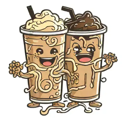 Two Cartoons Iced Coffees Holding Hands With And Black