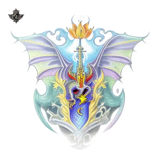 Full Sleeve Medieval Holy Dragon With Lilium Flower And Ruby Mineral