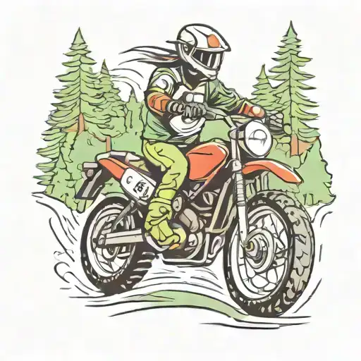 A New-school Design Featuring A Motorcycle Racing Through A Forest Trail