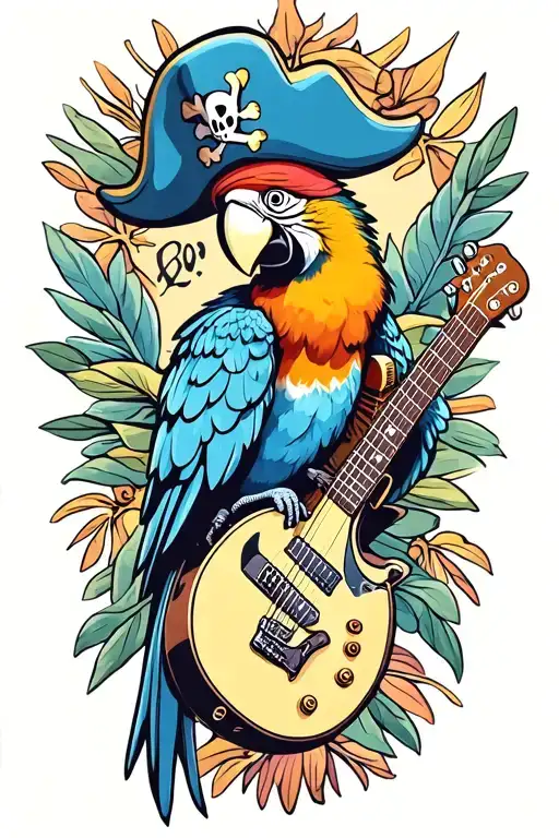 Parrot Pirate Hat Perched On Guitar