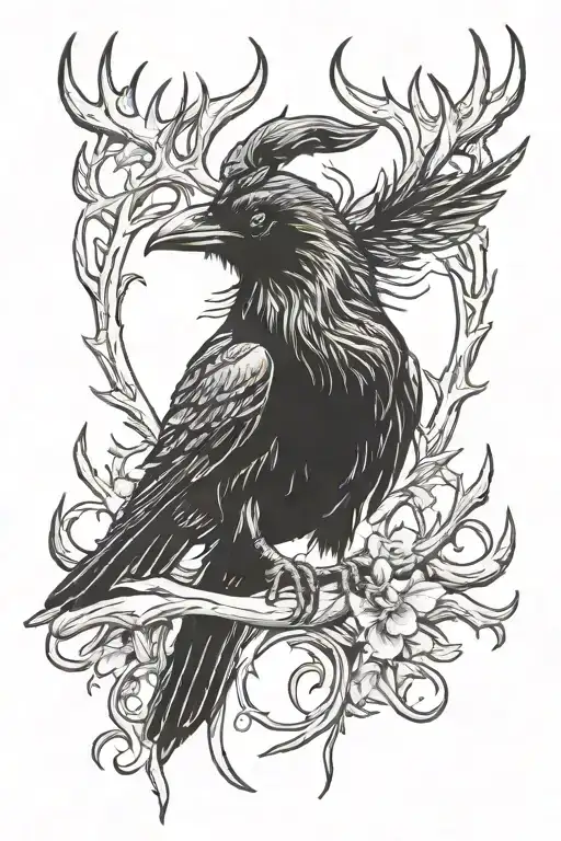 A Raven Sits On A Deer's Antlers