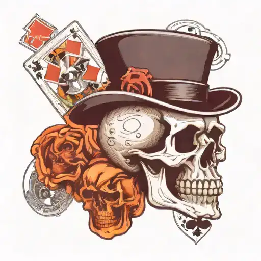 Skull With Bowler Hat With Playing Cards Of Two Black Eights And Two Aces