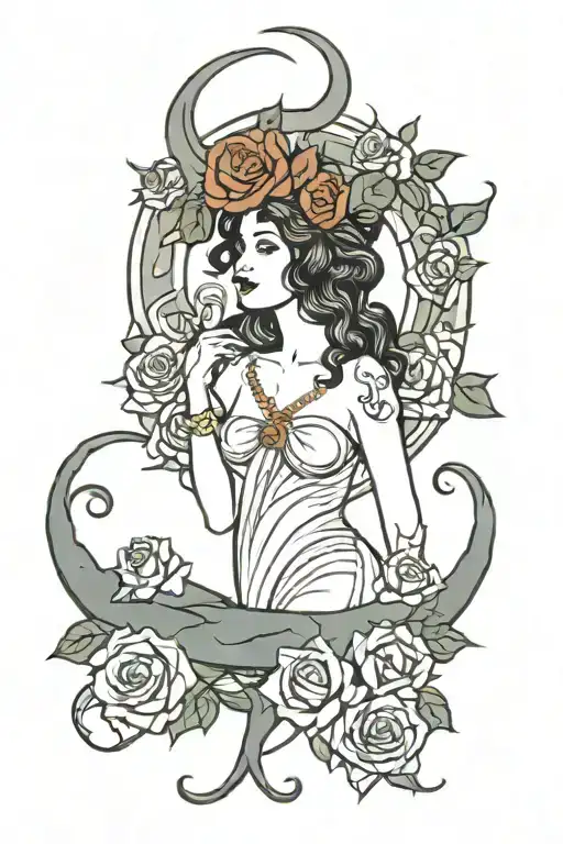 Goddess Lilith Tattoo With Snakes Intertwined And Horns Powerful Crescent Moon Roses Art Deco