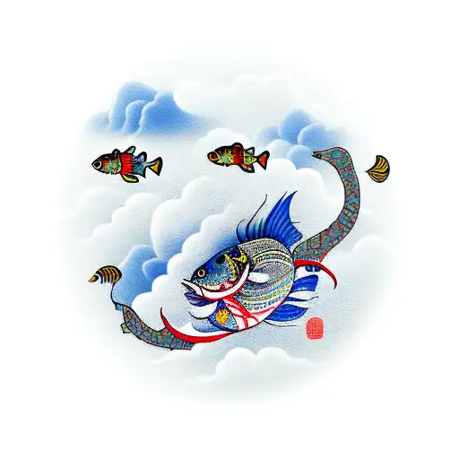A Nepali Cheppu Surrounded By Chinese Clouds And Traditional Fish Swimming Around It