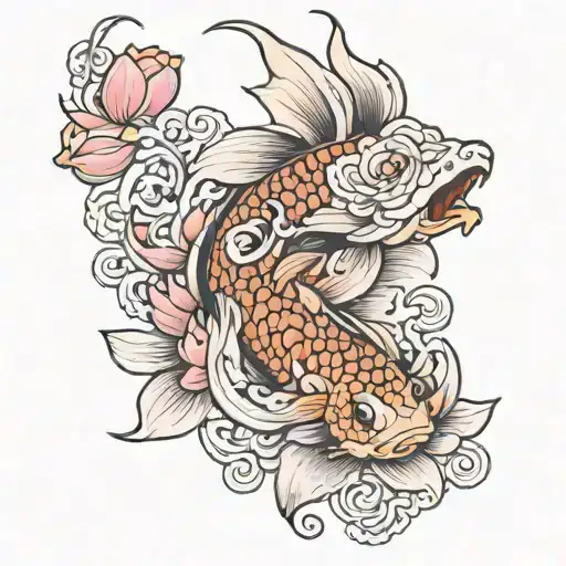 Koi Fish Dragon Lotus Flower Blooming