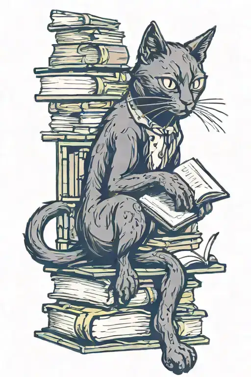 Black Cat Reading A Book On A Bookshelf Filled With Books