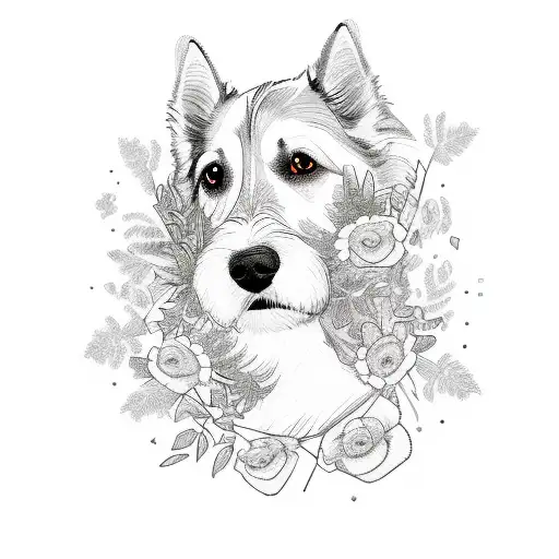 A Sketch-style Illustration Of A Dog Surrounded By Flowers