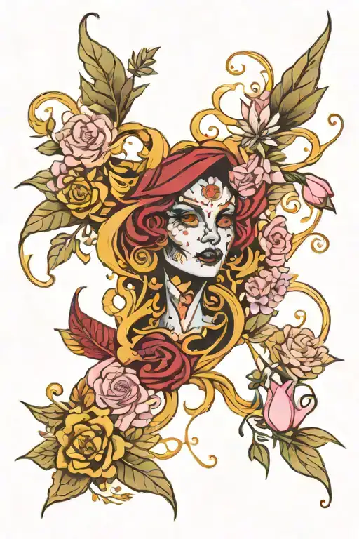 Dark Red And Gold Pheionx With Pink Flowers Surrounding