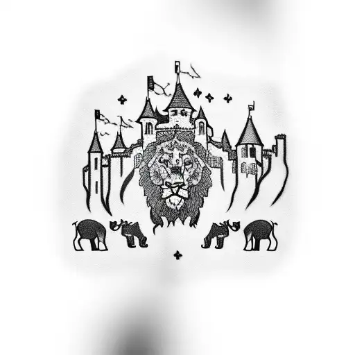 An Arm Sleeve Tattoo With A Castle On An Mountain And An Elephant And A Young King And A Lion