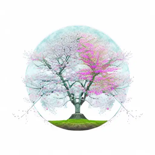A Cherry Blossom Tree Intertwined With A Ying And Yang Symbol