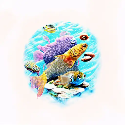 Underwater World With Fish And Mushrooms In Space